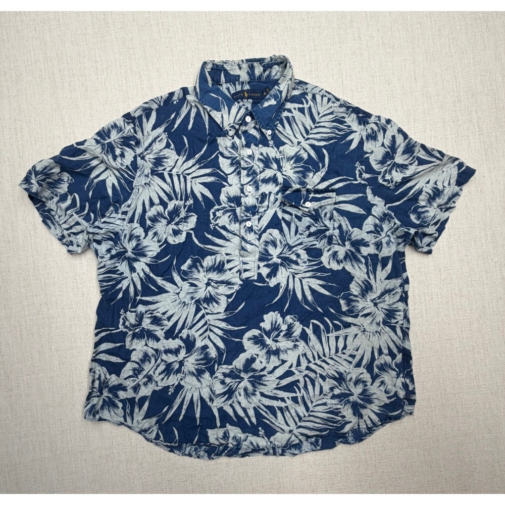 Ralph Lauren Mens XXL Blue White Floral Hibiscus 100% Linen Popover Shirt SS